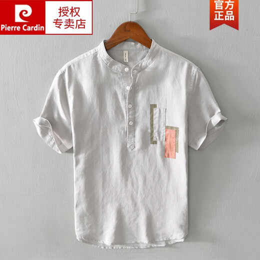 皮尔卡丹（pierre cardin）中国风休闲短袖男T恤棉麻上衣夏季薄款立领t复古亚麻体恤P0LO宽松 灰色 棉麻 XL 67-73公斤