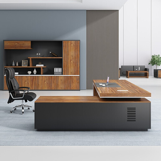 Checked Wood Checked Wood Boss Desk Office Modern Fashion Simple Supervisor Desk Manager Desk Large President Desk and Chair File Cabinet Walnut Color 1.8 Meter Boss Desk + Reclining Boss Chair