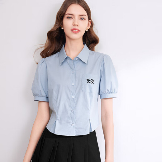 Baitu betu women's 2024 summer new shirt age-reducing college style niche design waist short-sleeved shirt 2403T45 blue M