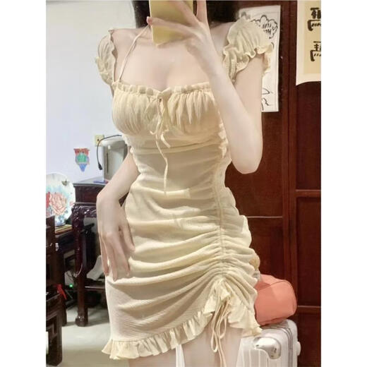 Sexy women's clothing and slim nightclub sexy dress bath massage short skirt dress technician work clothes as shown in the picture Apricot color S code (95 Jin [Jin equals 0.5 kg])
