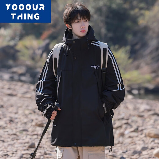 YOOOURTHING山系冲锋工装上衣男女春秋新款城市轻户外夹克男刺绣连帽外套男 CYJK9276-米杏 M建议85-100斤