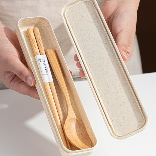 Half-life portable tableware, Japanese-style wooden chopsticks and wooden spoon set, wooden chopsticks and spoons with storage box, student and children's travel tableware, beech wood chopsticks and spoons two-piece set