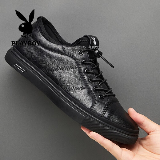 Playboy casual leather shoes men's new lightweight breathable first layer cowhide sneakers soft sole soft surface wear-resistant elastic band men's single shoes black 40