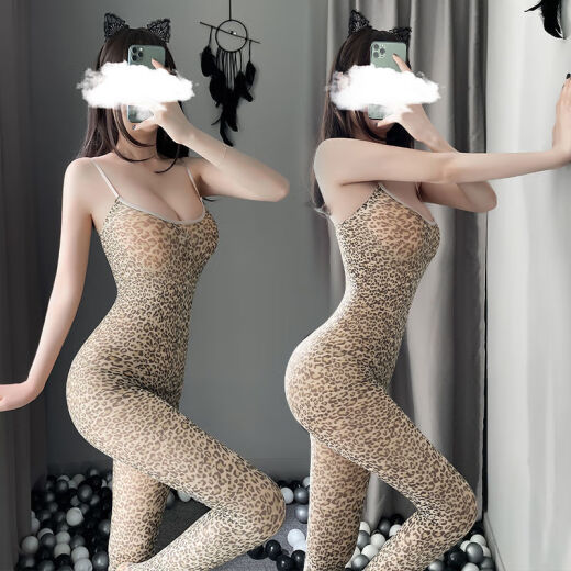 Sexy lingerie, sexy pajamas, leopard print, large size fishnet stockings jumpsuit, new SM uniform, open crotch, no need to take off, women's adult products, leopard print fishnet, one size fits all (80-140Jin [Jin equals 0.5 kg])