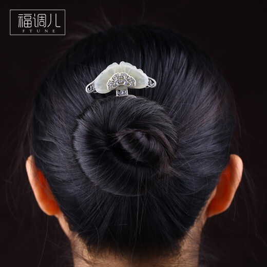 Fu Tiaoer handmade Thai silver and Hetian jade short hairpins for women, retro-style Hanfu silver hairpins, 1 Mother's Day gift for mom