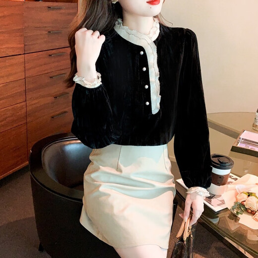 Pierre Cardin Autumn and Winter Thickened Gold Velvet Top Women's New Fashion Stand-up Collar Lace Shirt Bottoming Black Shirt Black 5XL 170-185Jin Jin is equal to 0.5 kg