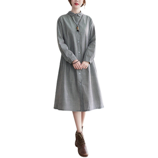 简当（JIANDANG）【清】春季胖MM加大码女装格子衬衫裙宽松中长款长袖连衣裙9855 蓝格 大码M【95-115斤】