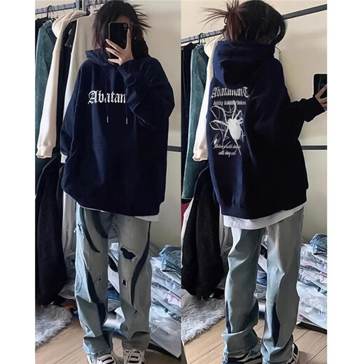 Qiao Shitongs neuer amerikanisch bedruckter Kapuzen-Sweatshirt für Frauen losen lässige, vielseitige Tops Trendy Ins plus Samt verdickte R12161 White-Plus Fleece M