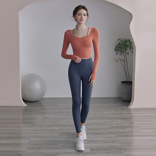 EPIH Yoga Wear Tops Women's Autumn Premium Pilates Fitness Wear Yoga Suit 2023 New Long Sleeves with Breast Pads Caramel Orange Long Sleeves Comes with Breast Pads L