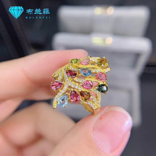 Xinheming Tourmaline Ring Girls Light Luxury Ring New Product Brazilian Women's S925 Silver Exquisite and Attractive Multi-grain Candy Color Fresh and Hao Tourmaline Ring Color