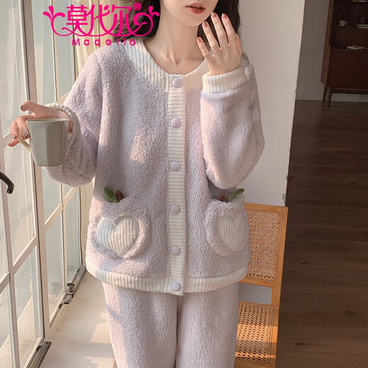 Modal coral velvet pajamas for women in autumn and winter plus velvet thickened cardigan set sweet and cute flannel for outdoor wear home clothes 3880-Pineapple style M