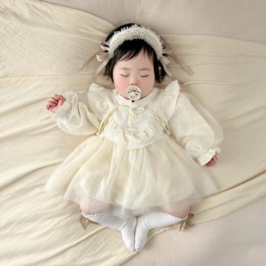 GOOFLORON baby girl's one-year-old dress, one-month-old baby princess dress for 0-6 months, one-year-old birthday dress, spring and autumn single-piece apricot-colored dress 66 cm