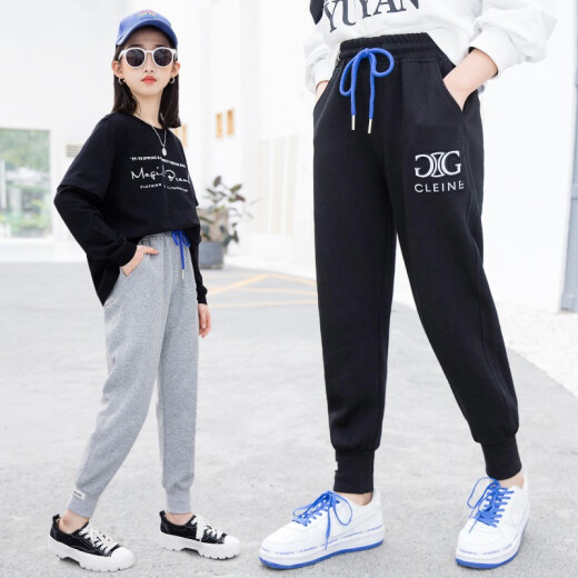 Girls' pants spring and autumn new style Korean style leggings for middle and large children girls casual versatile high elastic pants 13-year-old Styfish children's sports outer trousers black 160 [suitable for height 150-155 cm]