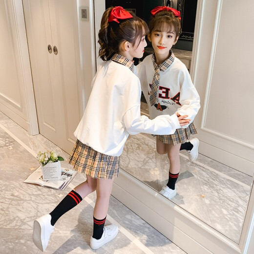 Zemeiyi Children's Clothing Girls Suit Children's 2021 Spring and Autumn Sports and Casual Tops and Jackets Korean Style Western Style Skirts for Large Children Two-piece Set White 140 (Recommended Height 126-135cm)