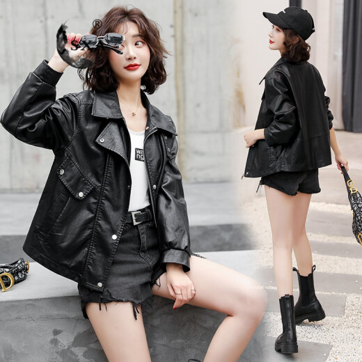 SXA Hong Kong trendy brand short leather jacket for women 2023 autumn new fashion leather jacket versatile short jacket black M