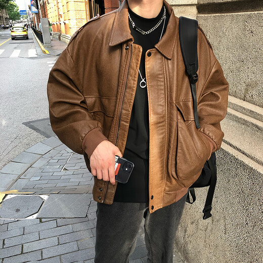 Customized brown brown pu leather clothespin for men British yuppie men's high-end hiphop European and American high street short jacket trendy brown L