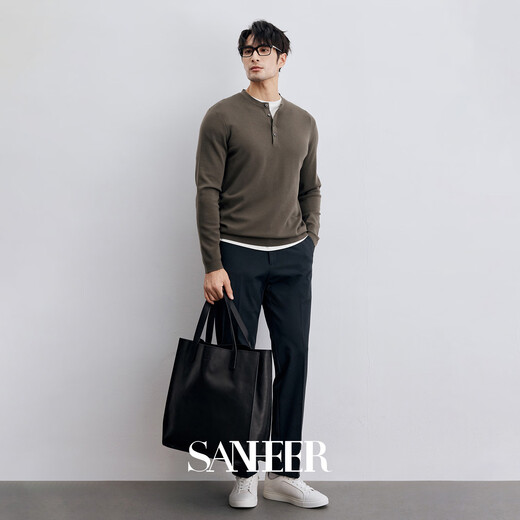 SANHEER yuppie gentleman German southern wool lightweight warm wool Henry collar men's thick sweater cardigan DAZ718 gray green L /50