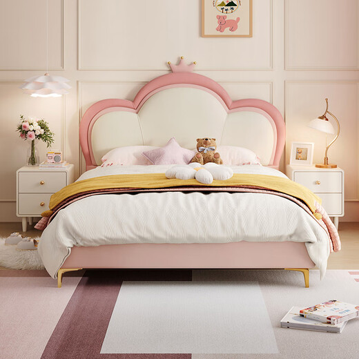 Lin's home pink dream princess bed children's bed girl induction light floating bed crib single bed furniture TBC024 silicone leather crown princess bed 1200mm*2000mm