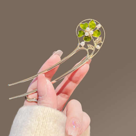 Qianla simple small fresh flower hairpin for women spring and summer new style hairpin double-insert hairpin U-shaped hairpin niche headwear green flower-U-shaped hairpin