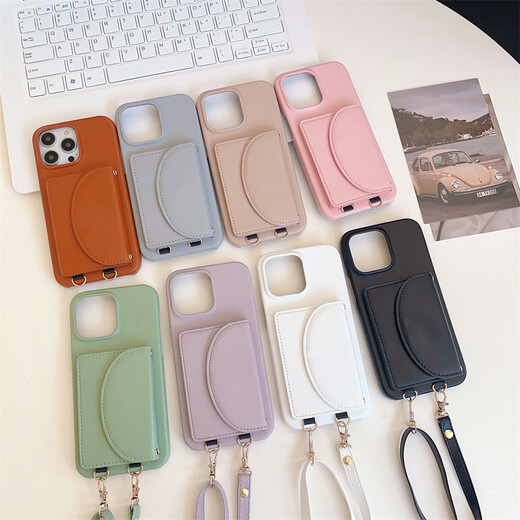 怡伽适用iPhone15手机壳卡包挂绳苹果13腕带插卡荔枝纹苹果14手机壳 双层零钱包黑色 iPhone15promax