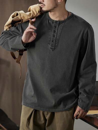 Xiaohongshu popular American Henry collar long-sleeved T-shirt for men loose 2025 autumn inner layering shirt for men retro Mocha brown S S80-100Jin Jin is equal to 0.5 kg