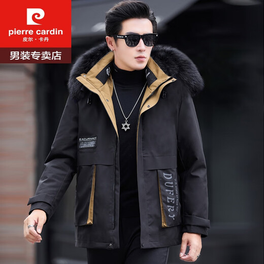 Pierre Cardin New HaINing Nerk Coat Parka Überwindung des Männerfuchskragenfell integrierter verdickter Fell Winterjacke Trendy Marke Khaki Yellow + Snow Fox Pelzkragen XL 180