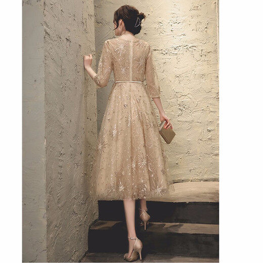 Maxbeth evening dress for women's banquet new champagne color light luxury temperament fairy dress for small people can be worn at ordinary times champagne color S