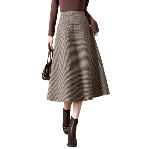 She enjoys woolen skirt female Maillard plaid woolen A-line skirt retro mid-length umbrella skirt T144B6003