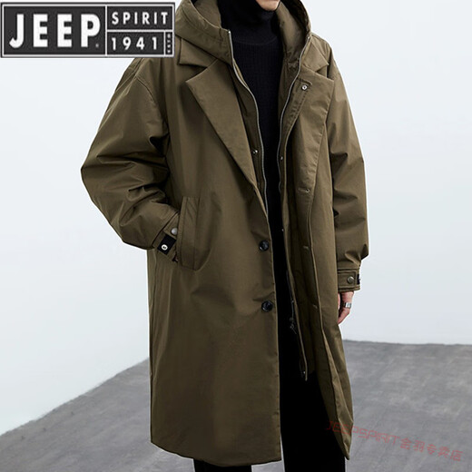 JEEP SPIRIT2025 new autumn and winter Korean style coat jacket men's trendy fake two-piece hooded mid-length windbreaker parka for men F001 military green thickened L 130-145Jin Jin equals 0.5 kg