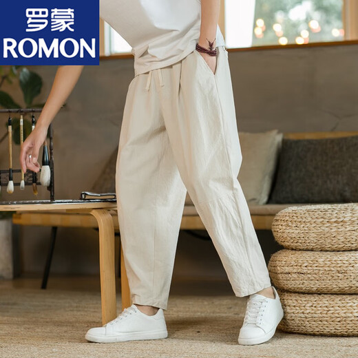 罗蒙（ROMON）亚麻九分裤男夏季薄款休闲裤中国风棉麻裤子直筒宽松锥形裤9分裤 浅灰色+深灰色 2XL 136-150斤