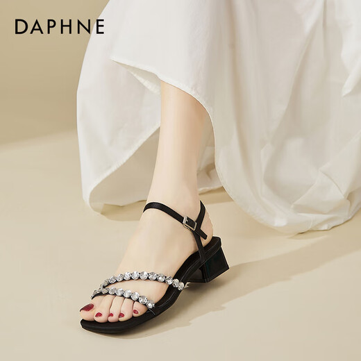 达芙妮（DAPHNE）鱼嘴凉鞋女2024夏季新款水钻一字带外穿凉鞋女露趾粗跟百搭女鞋子 黑色 34