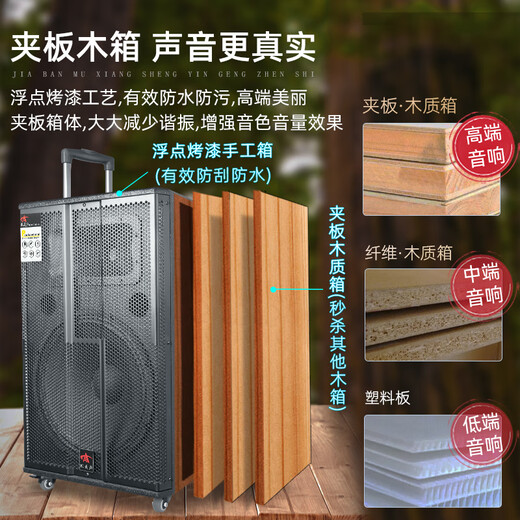 European and American sound mobile audio outdoor karaoke professional outdoor band large stage performance equipment square dance high-power Bluetooth singing trolley speaker 158M 15-inch super bass 500W 2* wireless U-segment metal microphone + spree