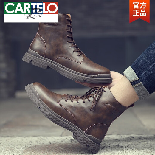 Cartelo Martin Boots Herrenherbst- und Winter High-Top-Schuhe Trendy Leder Britisch-Stil kurze Stiefel neue Plüschmitte Retro-Arbeitsstiefel Brown <Middle Top Style> 41