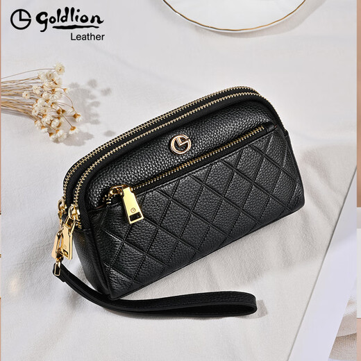 Goldlion Women's Bag Genuine Leather 2025 Summer New Fashion Clutch Zipper Large Capacity Coin Purse Mobile Phone Bag Women's Wallet Black