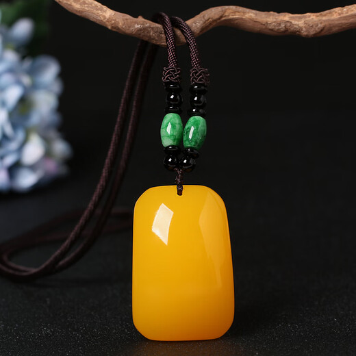 Ziweidai guaranteed official beeswax pendant old sweater chain water drop amber long necklace chicken oil yellow men and women Ruyi gourd + jade braided rope