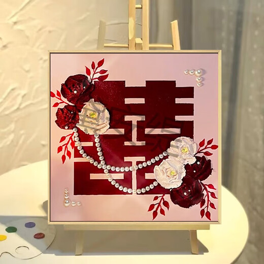 新婚结婚礼物喜字肌理画石英砂丙烯数字油画diy玫瑰装饰挂画 qx10975肌理画 50*50cm加厚实木内框+装饰外框(