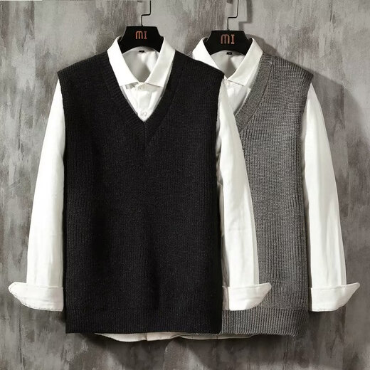 JIAYE Couple Young Student Woolen Knitted Vest Men's V-neck Pullover Sleeveless Sweater Vest Vest Thin Black [Single Vest] L