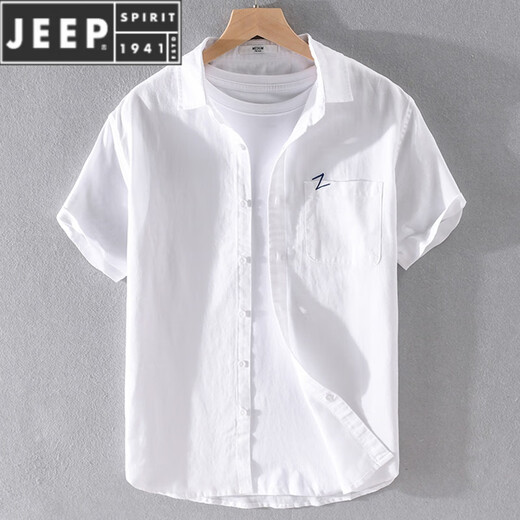 
JEEP SPIRIT men's linen short-sleeved shirt linen men's fashion casual cotton linen shirt summer top white 9711 with pockets on chest 4XL