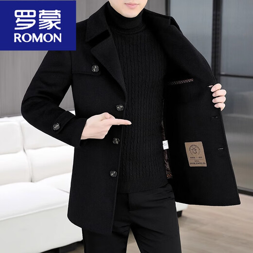 ROMON Wool Woolen Coat Men's Mid-Length Jacket 2024 Autumn and Winter New Double-sided Woolen Windbreaker Thick Woolen Black Style 805 Regular 170/M (Suitable for 100 Jin Jin equals 0.5 kg -115 Jin Jin equals 0.5 kg)
