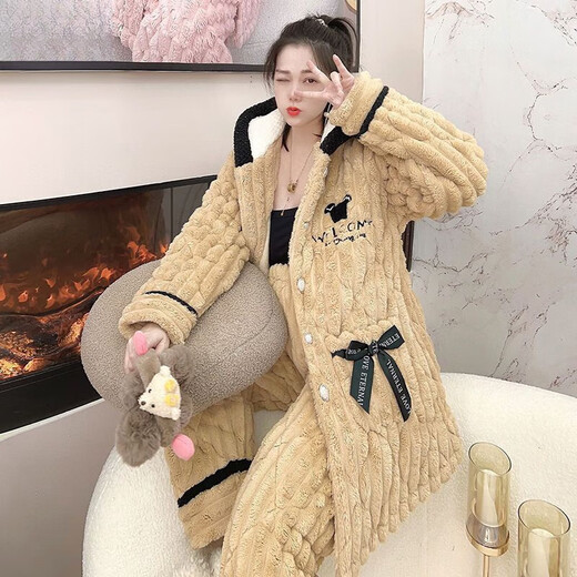 Catman three-layer cotton pajamas for women in autumn and winter thickened coral flannel flannel internet celebrity home clothing DLM-6621# three-layer cotton thickened M Recommended 80-100Jin [Jin equals 0.5 kg]