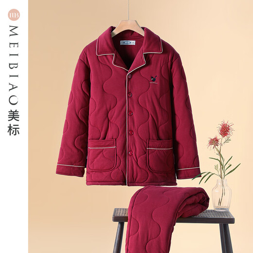 American Standard Gift Couple Three-Layer Thickened Padded Pajamas Set Women's Autumn and Winter Zodiac Year Red Cotton Home Clothing Men's Bright Maroon-Women's XL