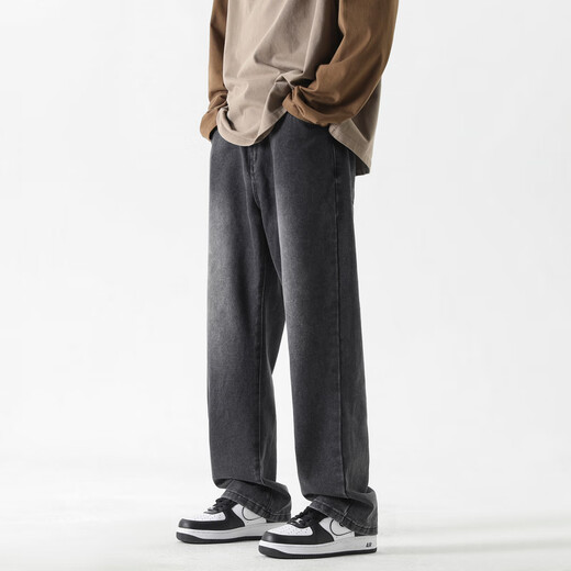 Dingfengbaoluo American jeans men's autumn high street straight loose trendy brand boys wide-leg trousers DFS05 black gray 2XL