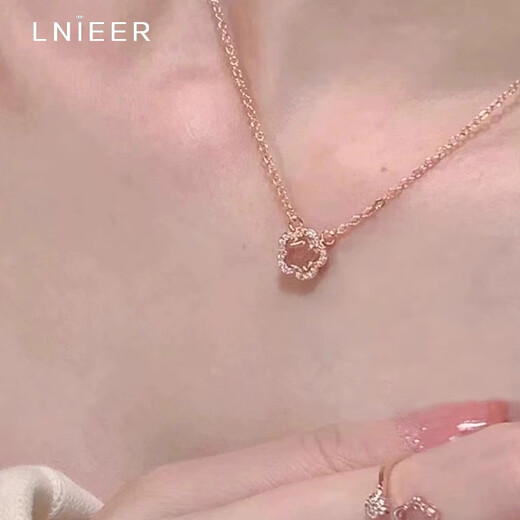 Lnieer S925 silver romantic cherry blossom pendant necklace for women with light luxury niche design rose gold clavicle chain as a gift for girlfriend Sakura pink crystal necklace S925 silver