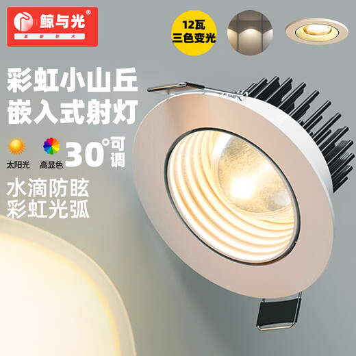 Whale and Light Hill Spotlight Recessed Spotlight LED Ceiling Light Rainbow Spotlight Anti-Glare Spotlight Wall Washer All White-Rainbow Spotlight-Three Color Light 12-W Opening Hole 7-8cm