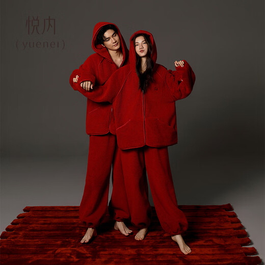 Yuenei Red Pajamas Wedding Newlywed Couple Set Autumn and Winter Women's Thickened Coral Velvet Home Clothes Men's Zodiac Year 24400 Retro Red Women's L (Male 110-140 Jin Jin equals 0.5 kg / Female 110-120 Jin Jin equals 0.5 kg)