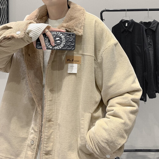 POUM coat men's jacket spring and autumn lamb wool plus velvet thickened trendy brand cotton jacket corduroy Jinjiang cotton top clothes LTT-7862 Khaki XL