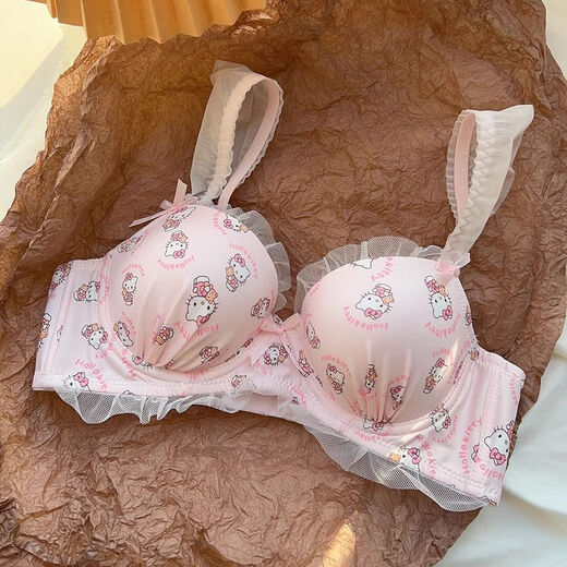 Hello Kitty Soft Cute KT Cat Underwear Cute Japanese Girl Sweet Lace Wireless Anti-Sagging Bra Girlfriend Gift Pink Suit M 34/75 AB