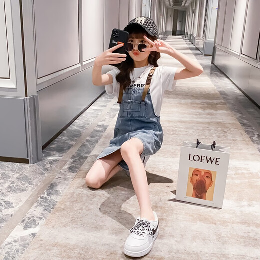 Little Gudu Bear Children's Clothing Girls Summer Dental Pants Skirt Set Short Sleeve T-shirt Children's Clothing Two-piece Girl's Dress White 120