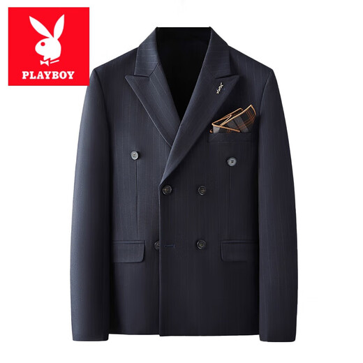 
Playboy (PLAYBOY) Customized Double Breasted Striped Suit Set Men's Groom Wedding Suit Business Casual Slim Suit Men X Navy Suit + Shirt + Trousers XL Size (Brobe + Brooch + Pocket Scarf)