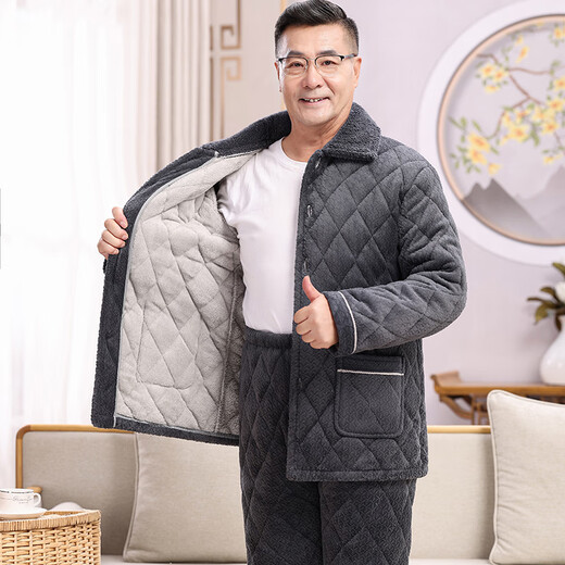 Suiyue Winter-Pyjamas für die dicke Korallenlasse mittleren Alters und ältere Männer, die dreischichtige Baumwollmilch-Samtvaters warmes Heimbekleidungssatz N9926f Blaumilch Velvet Upgraded Dicked XL Code (120-140jin [Jin gleich 0,5 kg]))